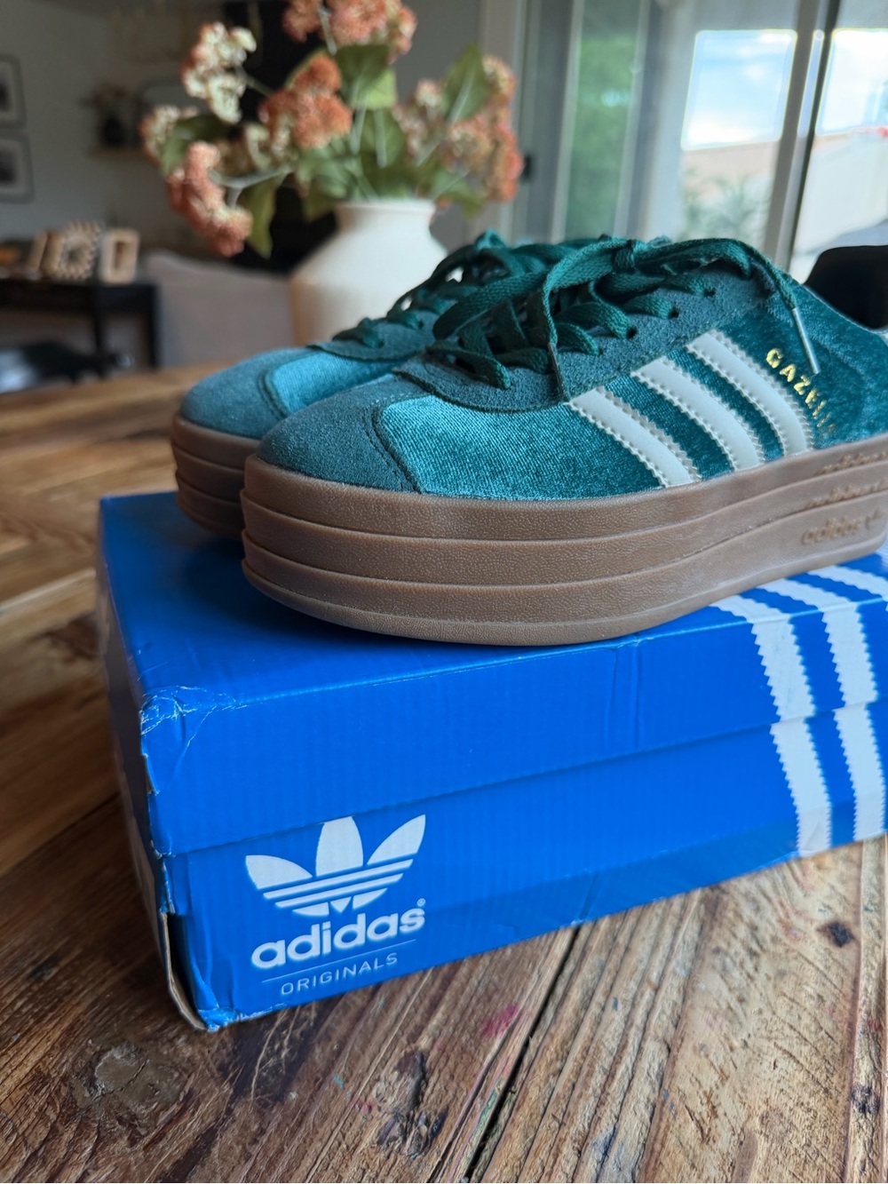 adidas Teal Green Suede Platform Sneakers with Gum Sole